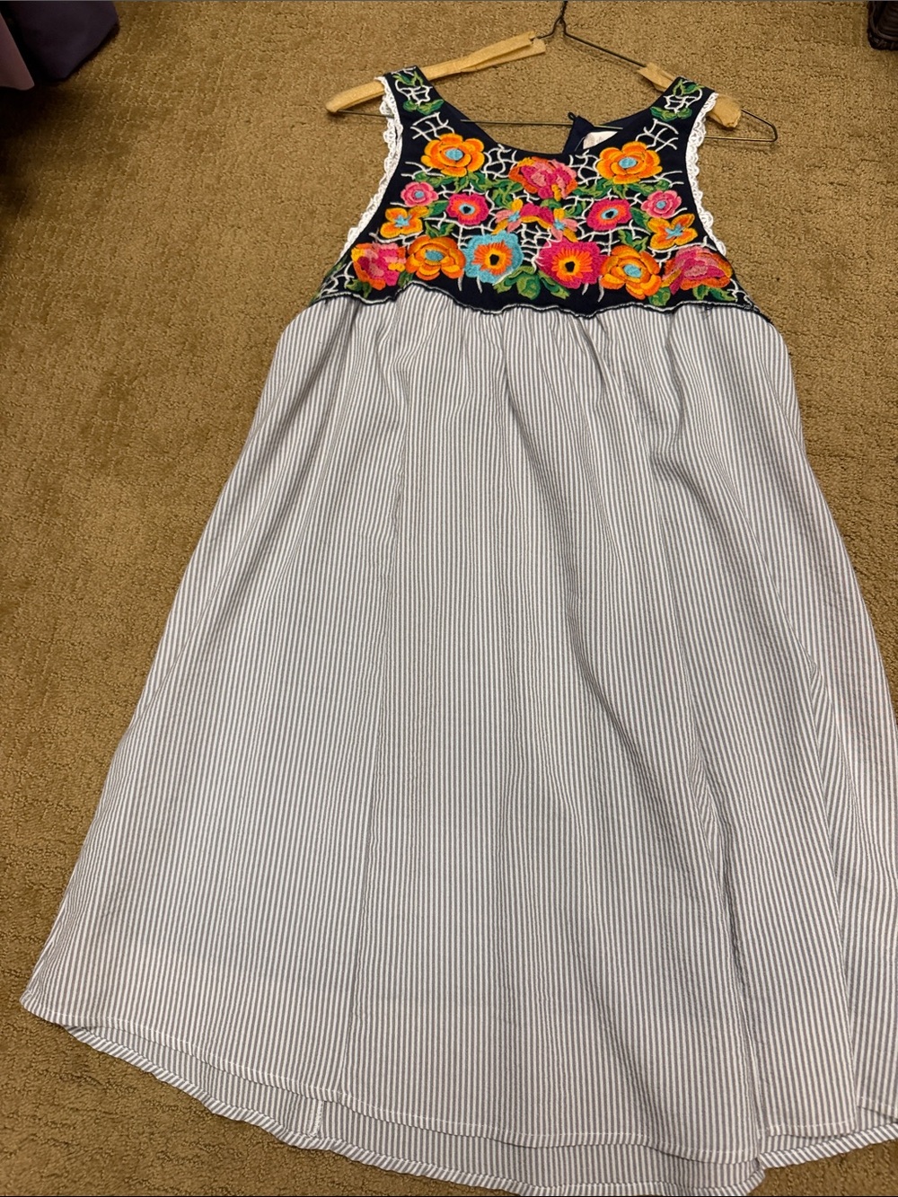 Altar'd State Navy Embroidered Floral Midi Dress with Stripe Skirt